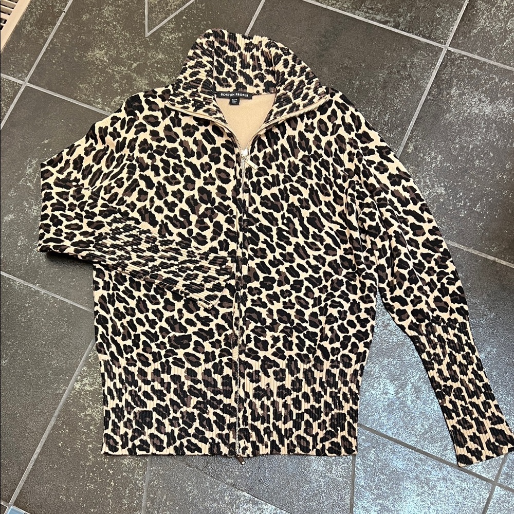 Boston Proper Leopard Print Zip-Up Sweater